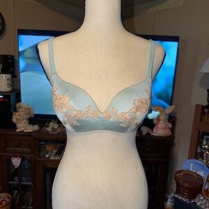 Victoria's Secret Pale Blue Bra with Beige Floral Embroidery